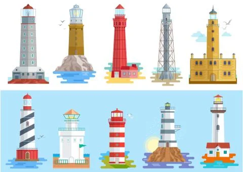 Lighthouse vector beacon lighter beaming path of lighting to ses from seaside Illustrazione stock