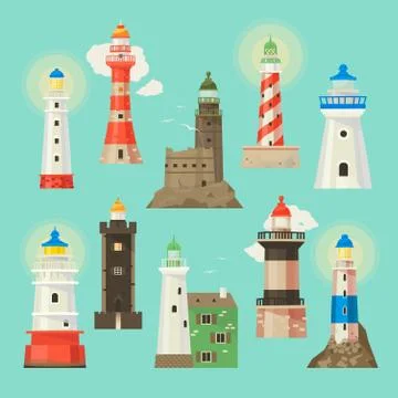 Lighthouse vector beacon lighter beaming path of lighting to ses from seaside Illustrazione stock