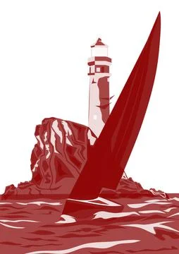 Lighthouse vector drawing, seascape and sailboat at sea Stock Illustration