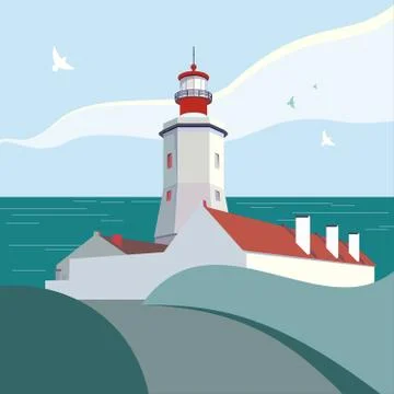 Lighthouse vector illustration. Nautical sea landscape white red lighthouse.  Stock Illustration