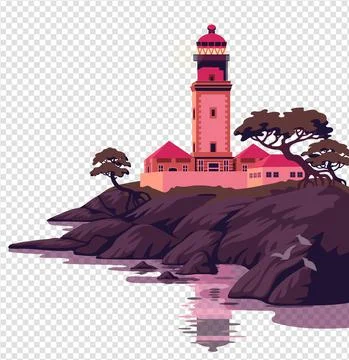 Lighthouse vector landscape. Beautiful sea landscape with a beacon on the cliff Stock Illustration