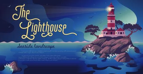Lighthouse - vector landscape. Sea landscape with beacon on the cliff. Vector Stock Illustration