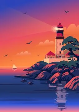 Lighthouse - vector landscape. Sea landscape with beacon on the beach at sunset Stock Illustration