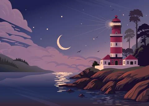 Lighthouse - vector landscape. Sea landscape with beacon on shore and crescent Stock Illustration