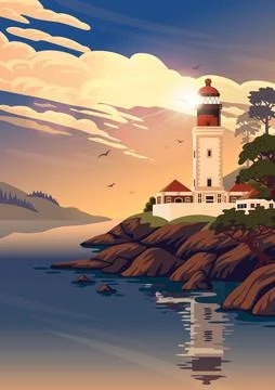 Lighthouse - vector landscape. Sea landscape with beacon on the beach on sunset Stock Illustration