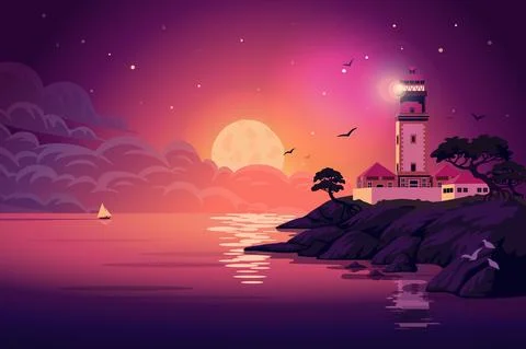 Lighthouse - vector landscape. Sea landscape with beacon on the cliff at night Stock Illustration
