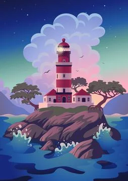 Lighthouse - vector landscape. Sea landscape with beacon on the cliff. Vector Stock Illustration