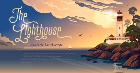 Lighthouse - vector landscape. Sea landscape with beacon on the beach on sunset 스톡 일러스트