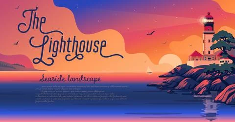 Lighthouse - vector landscape. Sea landscape with beacon on the beach at sunset Stock Illustration