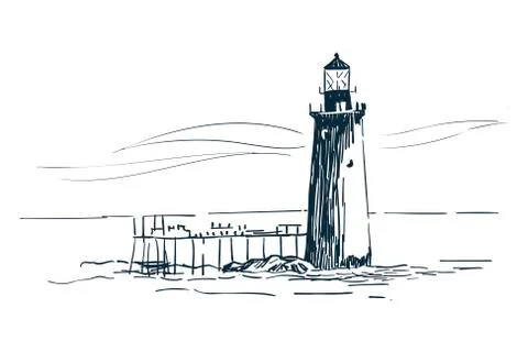 Lighthouse vector sketch landscape line illustration skyline Stock Illustration
