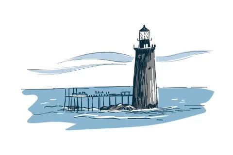 Lighthouse vector sketch landscape line illustration skyline Stock Illustration