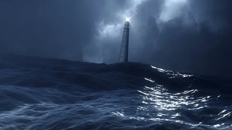 Lighthouse View from a Stormy Ocean Stock Footage 105979972
