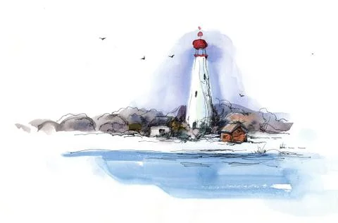 Lighthouse watercolor winter Stock Illustration