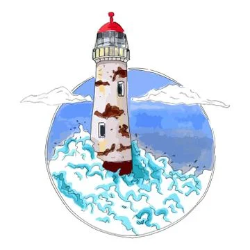 Lighthouse in waves in the blue sea, vector Stock Illustration
