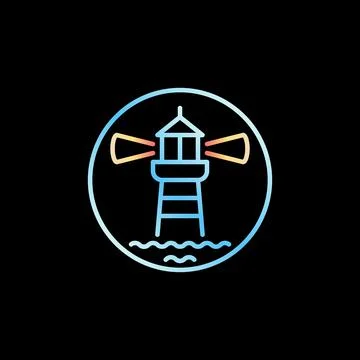 Lighthouse with Waves thin line vector blue round icon Stock Illustration