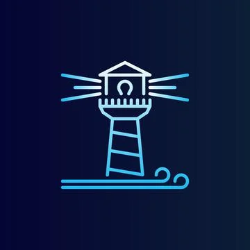 Lighthouse with Waves vector outline concept blue icon or sign Stock Illustration