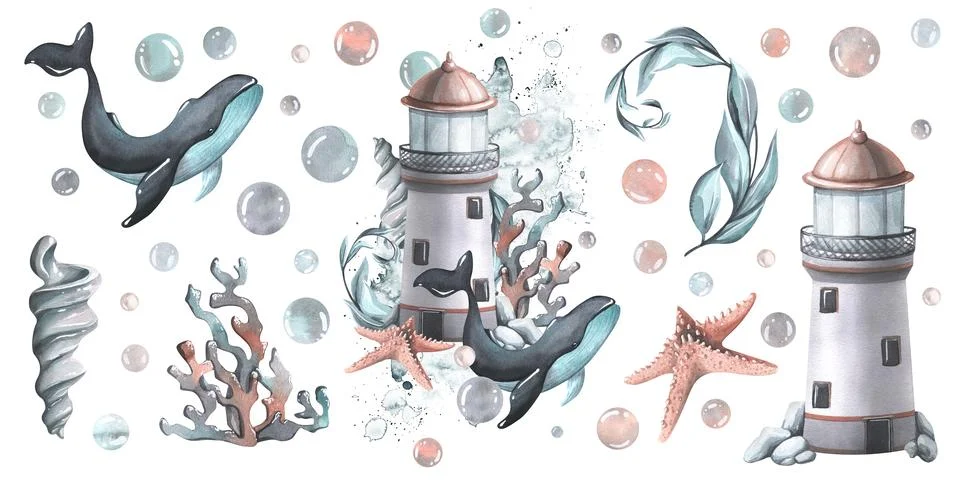 Lighthouse with whale, shell, coral, algae, starfish, bubbles. Watercolor 스톡 일러스트