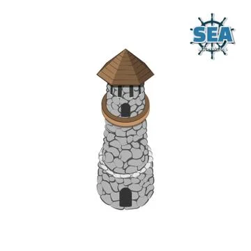 Lighthouse on white background. Stone castle in isometric style. Mobile game Stock Illustration