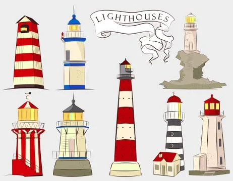 Lighthouses illustrations set. Eight type of ligthouses: wooden, stown, tower. Stock Illustration