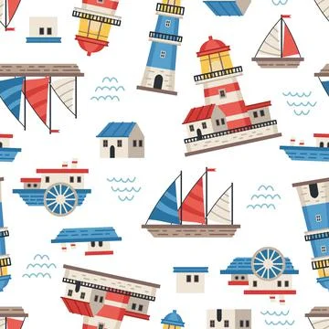 Lighthouses with searchlight, marine theme vector flat style seamless pattern イラスト素材
