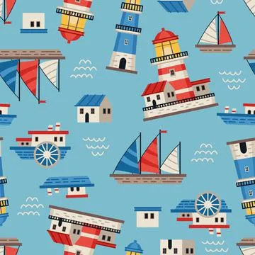 Lighthouses with searchlight, marine theme vector flat style seamless pattern Stock Illustration