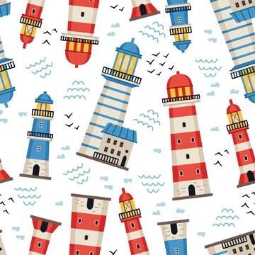 Lighthouses with searchlight, marine theme vector flat style seamless pattern Stock Illustration