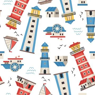 Lighthouses with searchlight, marine theme vector flat style seamless pattern Stock Illustration