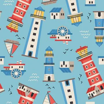 Lighthouses with searchlight, marine theme vector flat style seamless pattern Stock Illustration