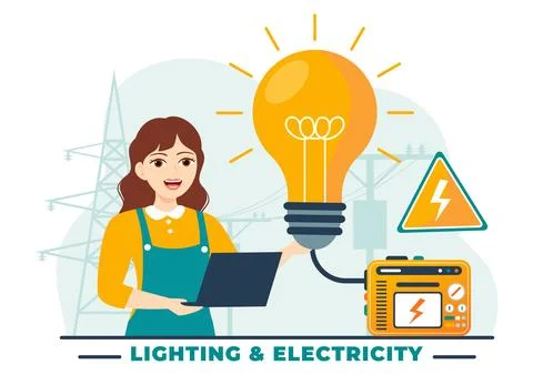 Lighting and Electricity Vector Illustration with Lamp and Energy Maintenan.. Illustrazione stock