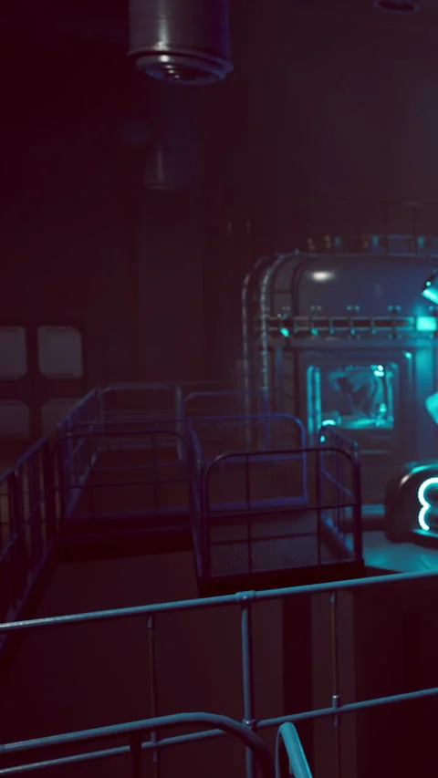 Lighting and machinery can be seen in a dark industrial setting at night Stock Footage 339782435