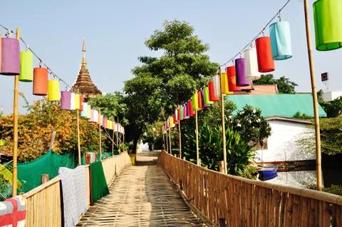 Lighting on the bamboo bridge. Stock Photos