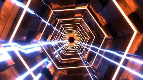 Lighting Blue and Yellow Hexagonal Sci-Fi Tunnel with Neon Lights Background Stock Footage 294917401