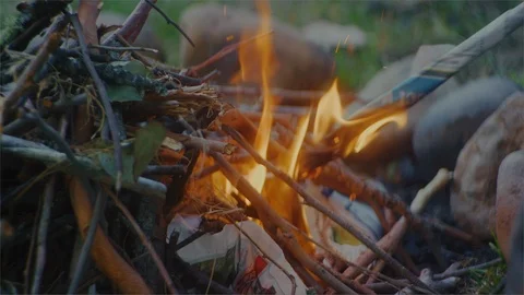 Lighting a campfire in the daylight Stock Footage 107450115