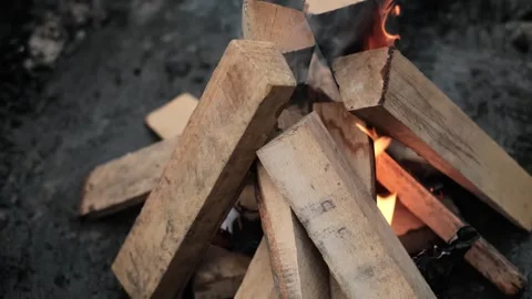 Lighting a campfire with logs, flames burning in nature, preparing food outdoors Stock Footage 280186536