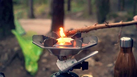 Lighting camping stove Stock Footage 120139334
