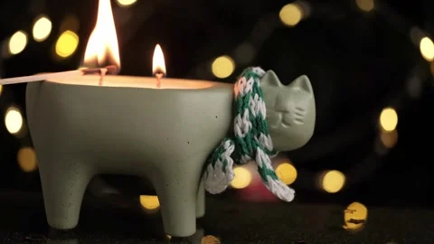 Lighting cat shaped candle with match for cozy atmosphere. closeup. Stock Footage 320509985