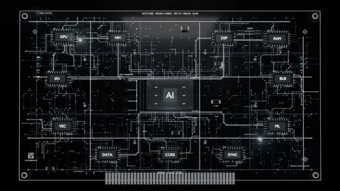 Lighting central AI sparking board growing in HUD, drawing traces to GPU RAM Stockbeeldmateriaal 337964603
