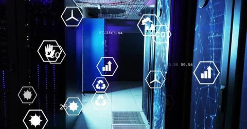 Lighting central row of server cabinets glowing in cooled data center, with AR Stock Photos