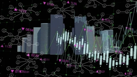 Lighting dark grid, data-city forming at center, candlestick chart and node web Stockbeeldmateriaal 333962657