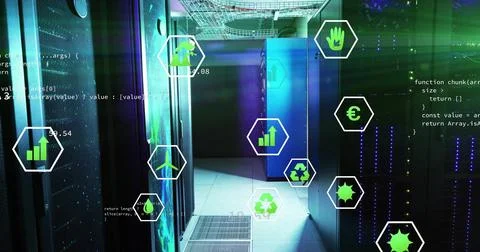 Lighting data center corridor with green and blue LEDs, showing server racks and Illustrazione stock