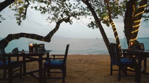 Lighting design at the beachside restaurant. A tree on wrapped in neon ribbon. Stock Footage 237745565