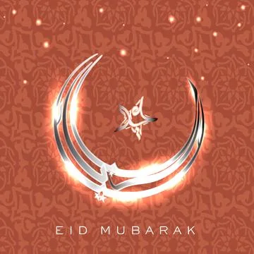 Lighting Effect Silver Crescent Moon with Star, Eid Mubarak Arabic Calligra.. Stock Illustration