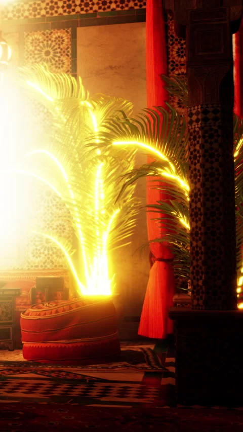 Lighting effects in a room with decorative plants and tile patterns Stock Footage 343157457