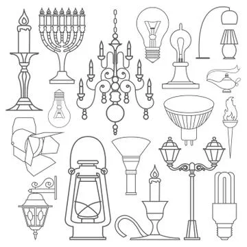Lighting elements icon set. Thin line design Stock Illustration