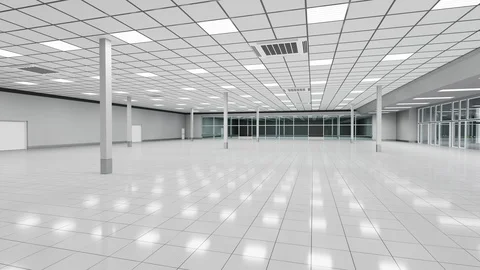 Lighting in the empty hall of the supermarket lights Stock Footage