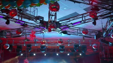 Lighting equipment at concert - colored spotlights on ceiling Stock Footage