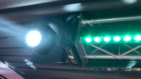 Lighting equipment at an event, light spotlight, rotating spotlight on a new Stock Footage 260413149