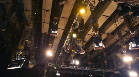 Lighting equipment under ceiling of big television studio Stock Footage 981012