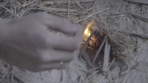 Lighting fire with a few twigs Stock Footage 82252292