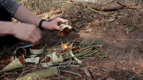 Lighting a fire with a fire-steel, Flat profile Stock Footage 56282891